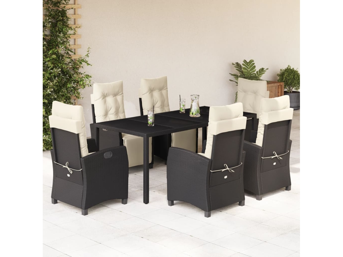 Vidaxl 7 Pcs Conjunto De Jantar P/ Jardim C/ Almofadões Vime Pe Preto