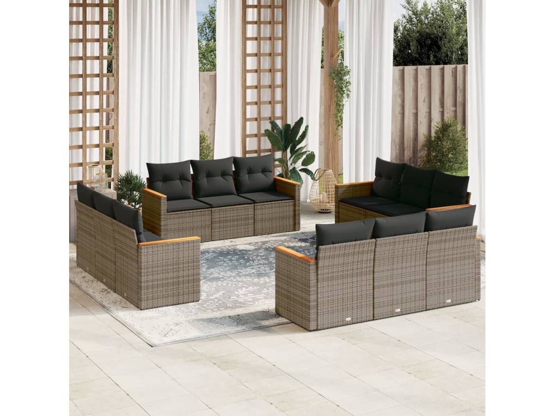 Vidaxl 12 Pcs Conjunto De Sofás Jardim C/ Almofadões Vime Pe Cinzento