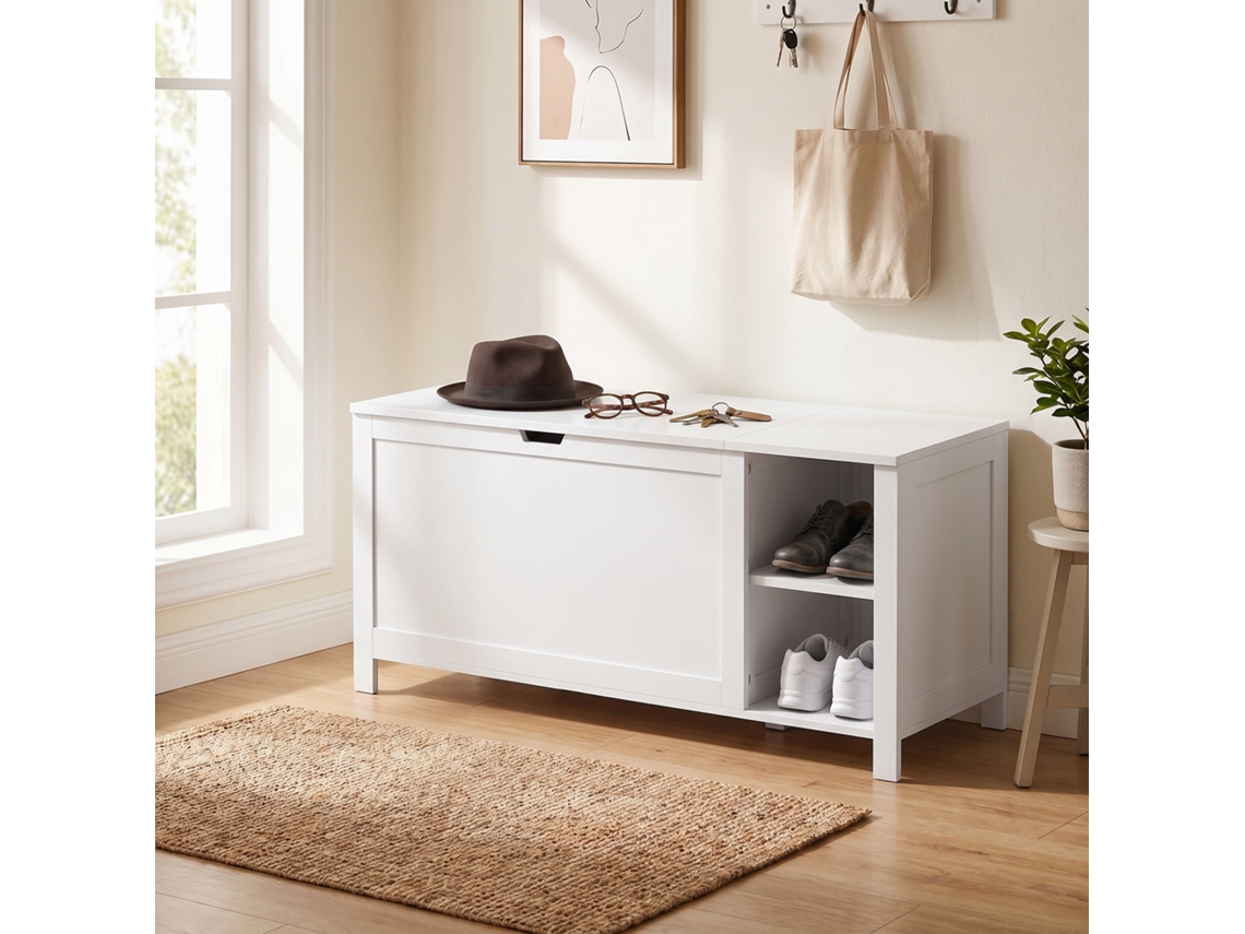 Shoe Bench With Adjustable Shelf And Folding Compartment, Shoe Storage Bench, White