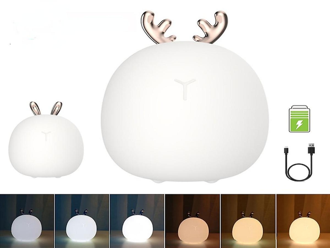 Luminária noturna Lurelia em formato de coelho com base de silicone, recarregável via USB, com brilho ajustável e luz quente para bebês e crianças.