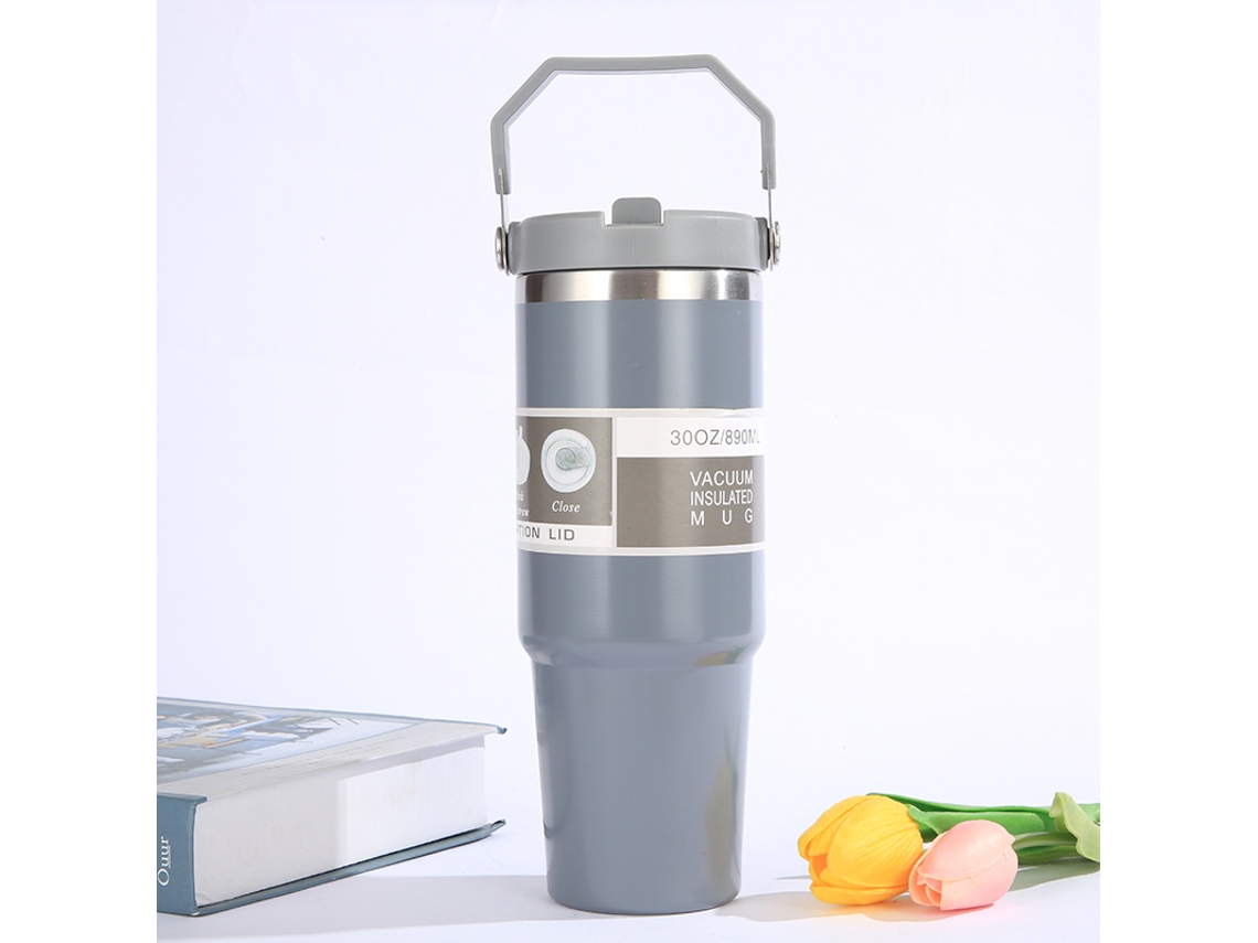 Garrafa Térmica Portátil de Aço Inoxidável para Carro com Canudo e Alça MDUG (cinza)