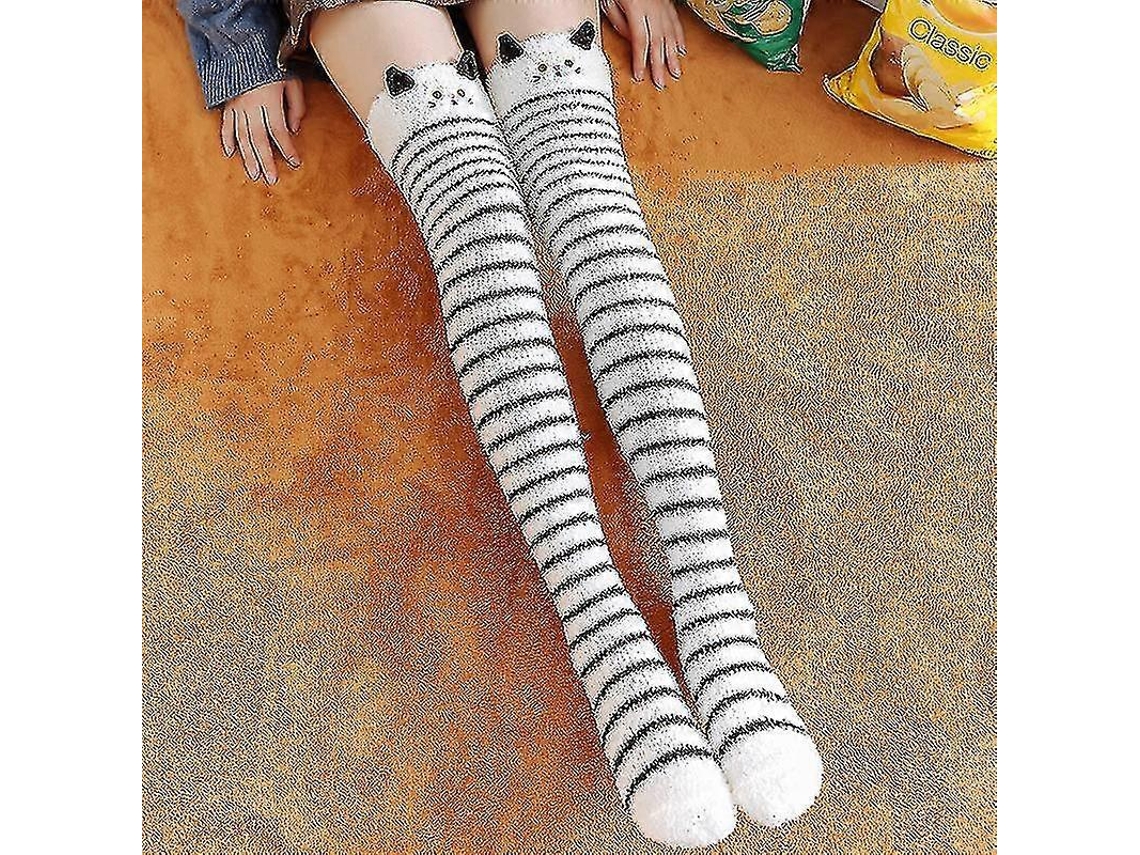 Meias De Lã Coral Macia Até O Joelho, Ideias Para O Inverno, Para Meninas E Mulheres. Meias Listradas Com Estampas De Animais Flufos E Desenhos Animados