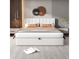 Cama Box 140x200cm pu com led usb recarregável, baú, cabeceira ajustável, hidráulica, moderna, branca KOMHTOM