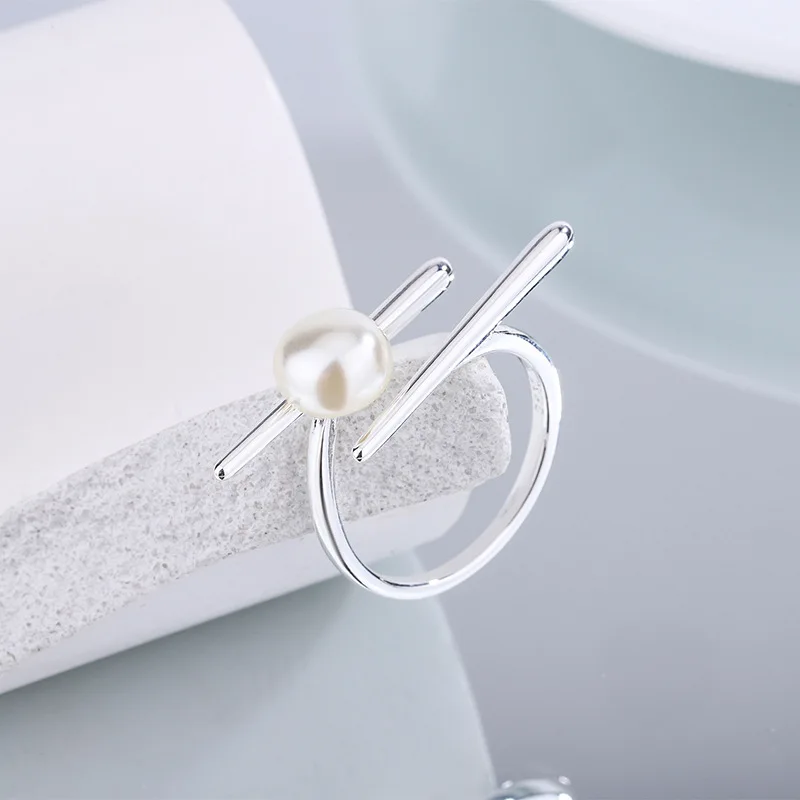 Anel Minimalista com Linhas Geométricas , Anel Criativo Feminino com Pérolas em Formato de Palito de Comida Chinesa. MDUG (prateado)