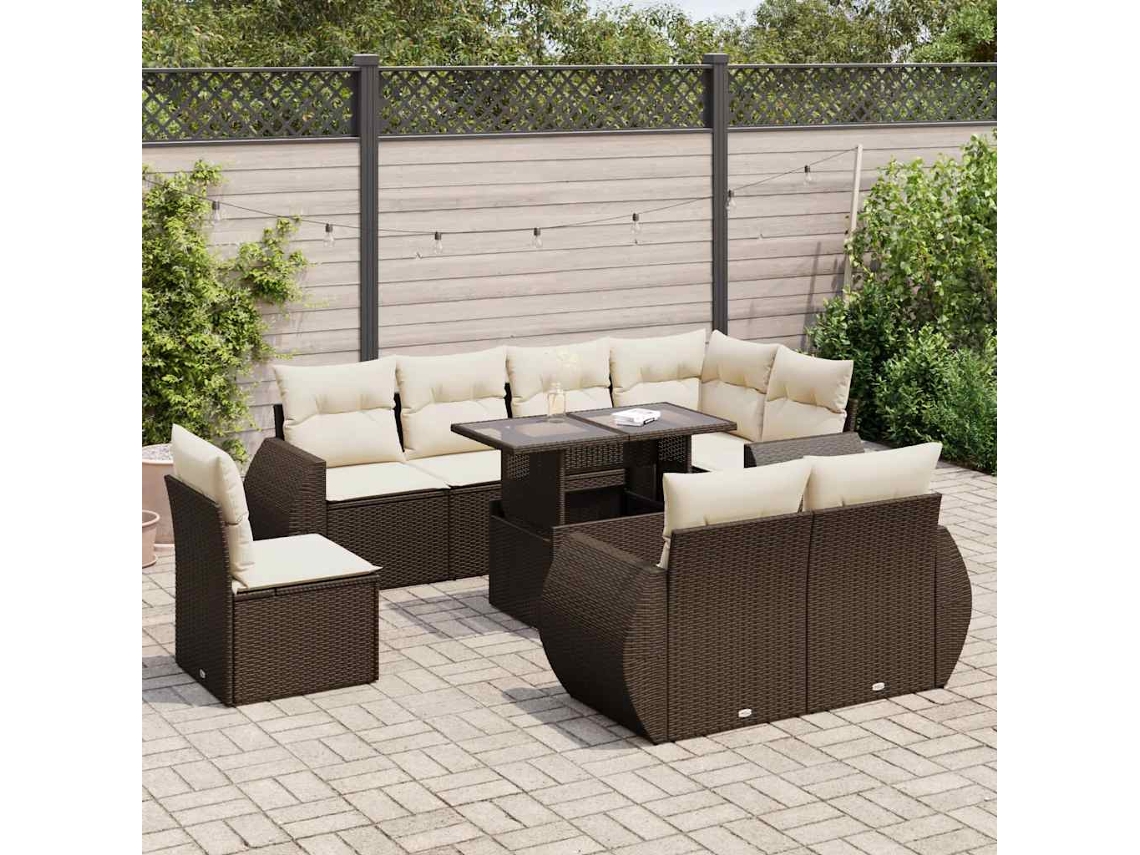 Vidaxl 9 Pcs Conjunto Sofás P/ Jardim C/ Almofadões Vime Pe Castanho