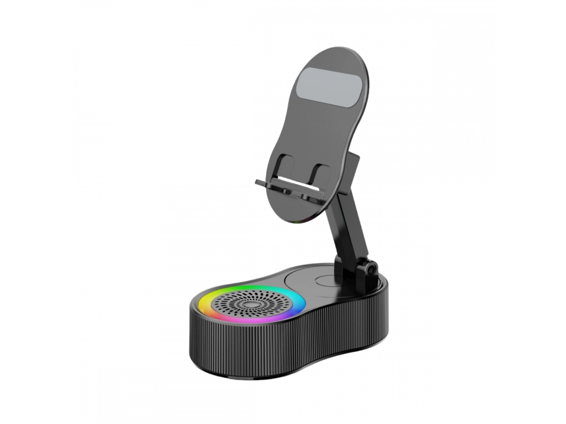 Suporte Para Celular 3 Em 1 Com Alto-falante Bluetooth Integrado, Giratório E Com Função De Elevação, Na Cor Preta.