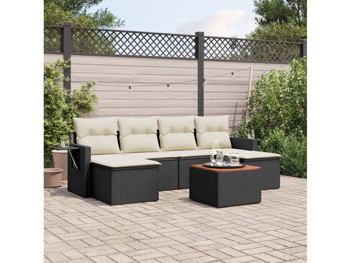 Vidaxl 7 Pcs Conjunto De Sofás P/ Jardim C/ Almofadões Vime Pe Preto