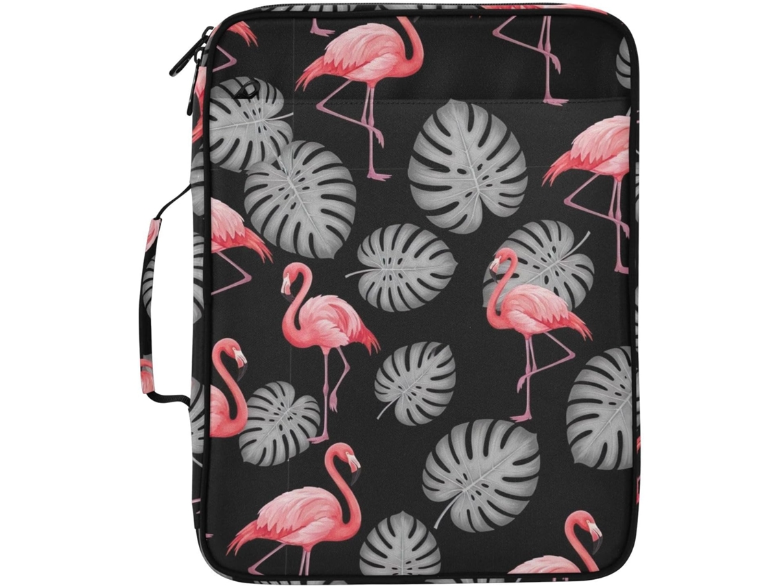 Pasta Expansível Flamingos Folha Tropical, Preta, Com 7 Bolsos, Fichário De 3 Argolas E Fecho Zíper, Ideal Escola