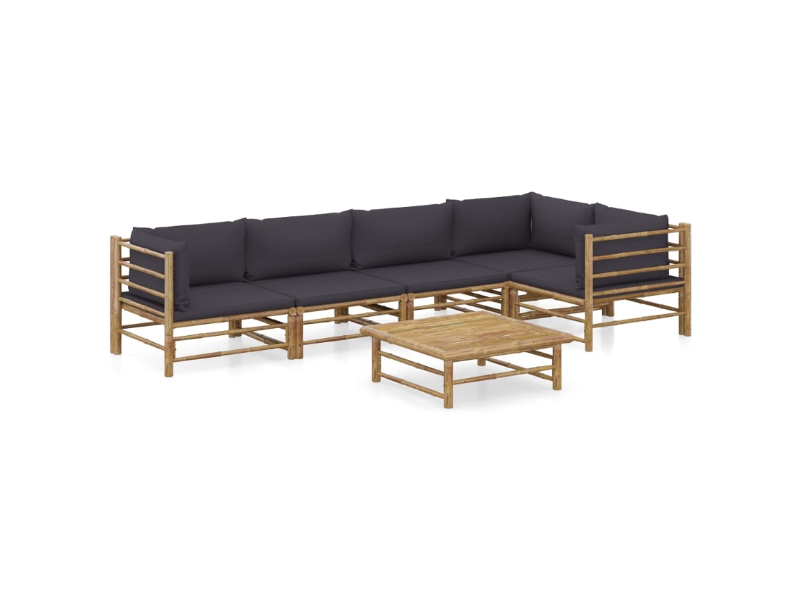 Vidaxl 6 Pcs Conj. Lounge Jardim em Bambu C/ Almofadões Cinza escuro