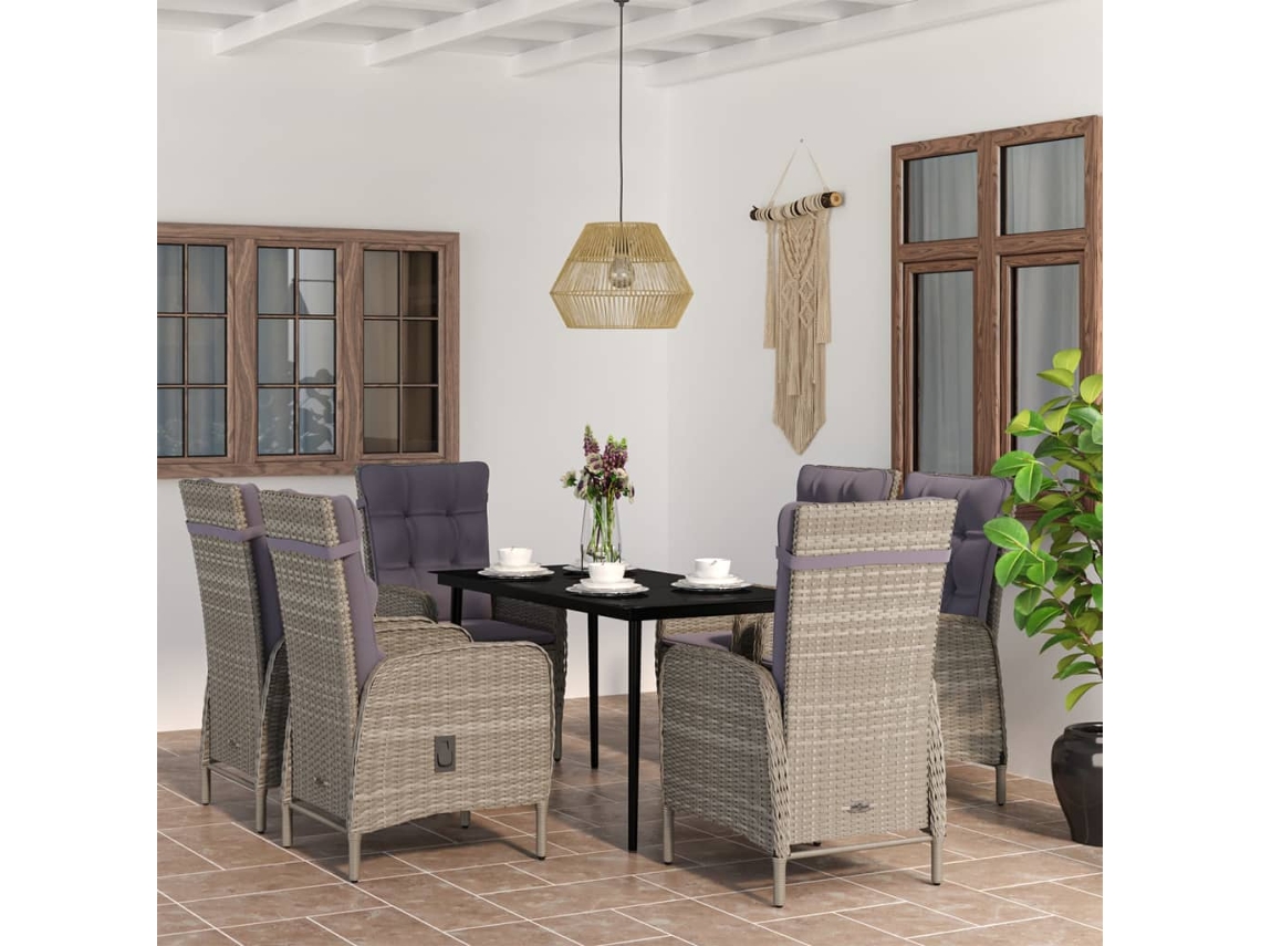 Vidaxl 7 Pcs Conjunto De Jantar P/ Jardim C/ Almofadões Cinza E Preto
