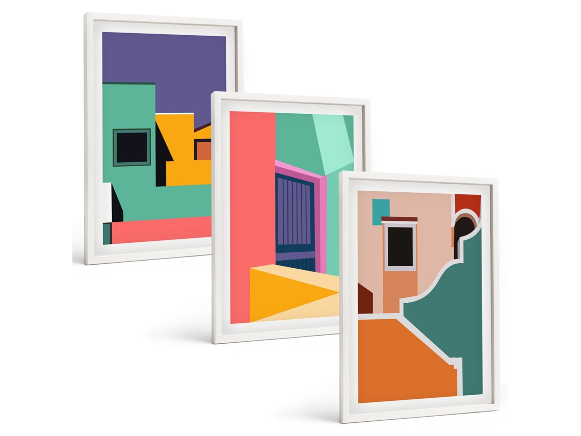 Conjunto De Pinturas Ilustrações De Cidades Coloridas Espelharte (3 Peças 40x60 Cm)