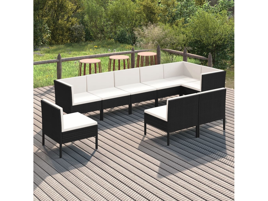 Vidaxl 9 Pcs Conjunto Lounge De Jardim C/ Almofadões Vime Pe Preto