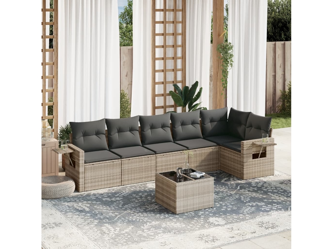 Vidaxl 7 Pcs Conj. Sofás Jardim Com Almofadões Vime Pe Cinzento-claro