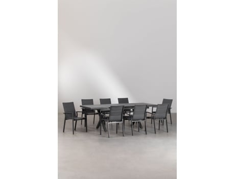 Conjunto De Mesa Extensível Retangular Karena 180 240x90 Cm E 8 Cadeiras De Jardim Empilháveis Com Braços De Alumínio Alumínio Cinza Grafito Sklum