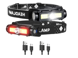 Lanterna de Cabeça Recarregável com 2 Unidades de Led com Luz Vermelha,YIZHOOD Lantern-0005 Lâmpada de Cabeça Magnética À Prova D'Água Preta YIZHOOD