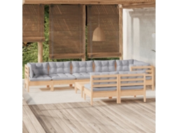 Vidaxl 9 Pcs Conjunto Lounge De Jardim + Almofadões Cinza Pinho Maciço