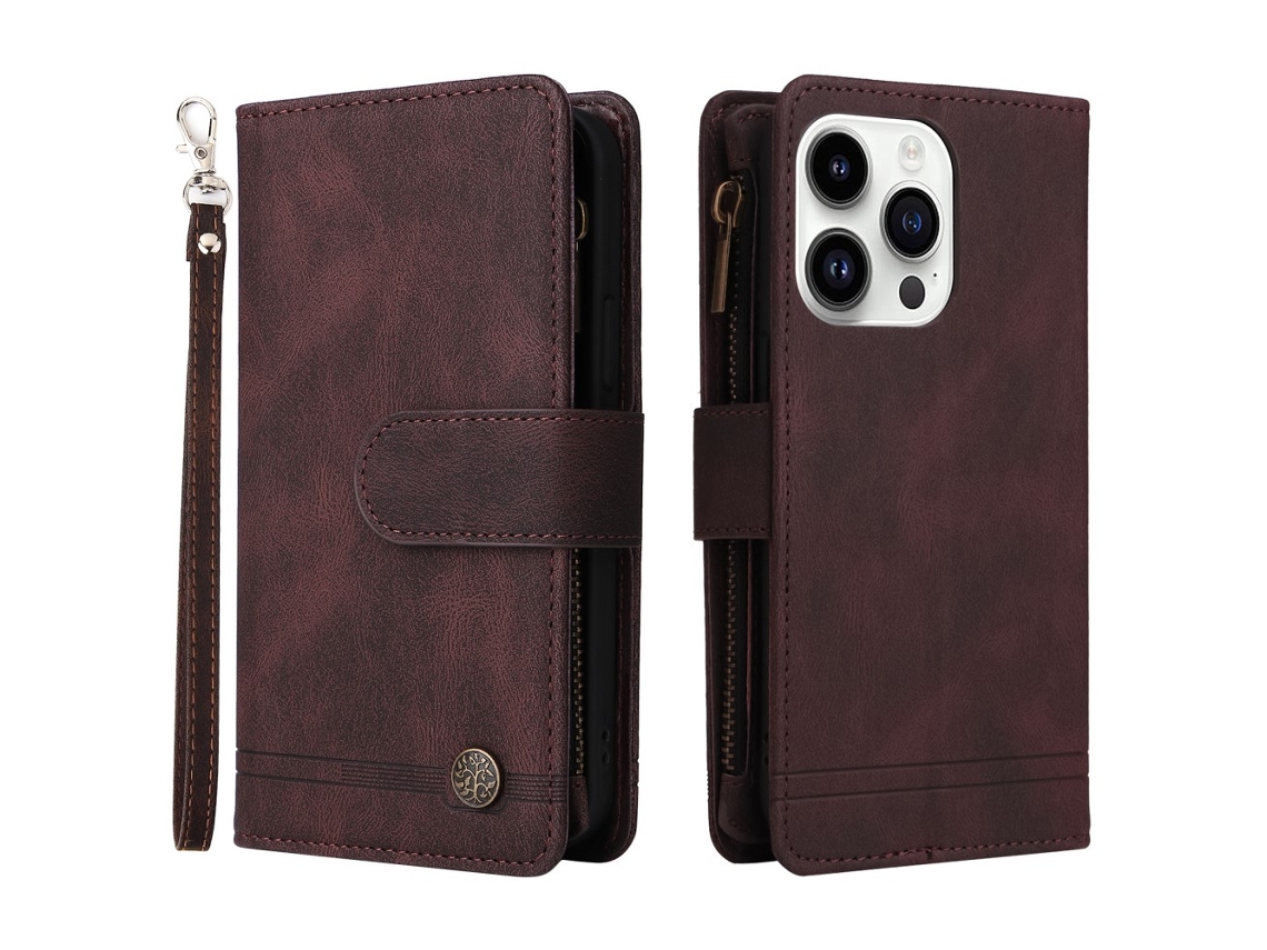 Capa Para Iphone 15 Pro Pele Sintética Com Porta-cartões Castanho