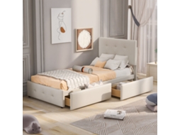 Cama 90x200 Veludo Bege Com Ripas E Gavetas Juvenil Hóspedes