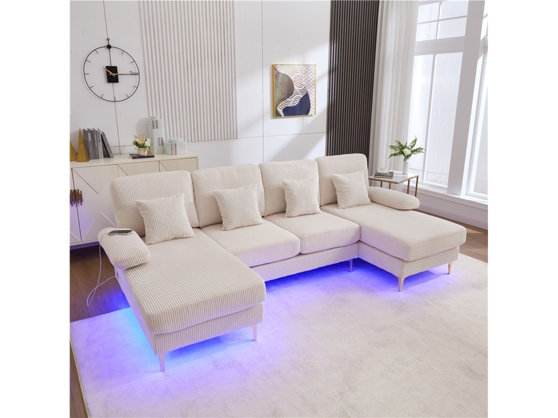 Sofá Em U Moderno Led Usb Madeira Maciça Ergonômico Luxo Bege