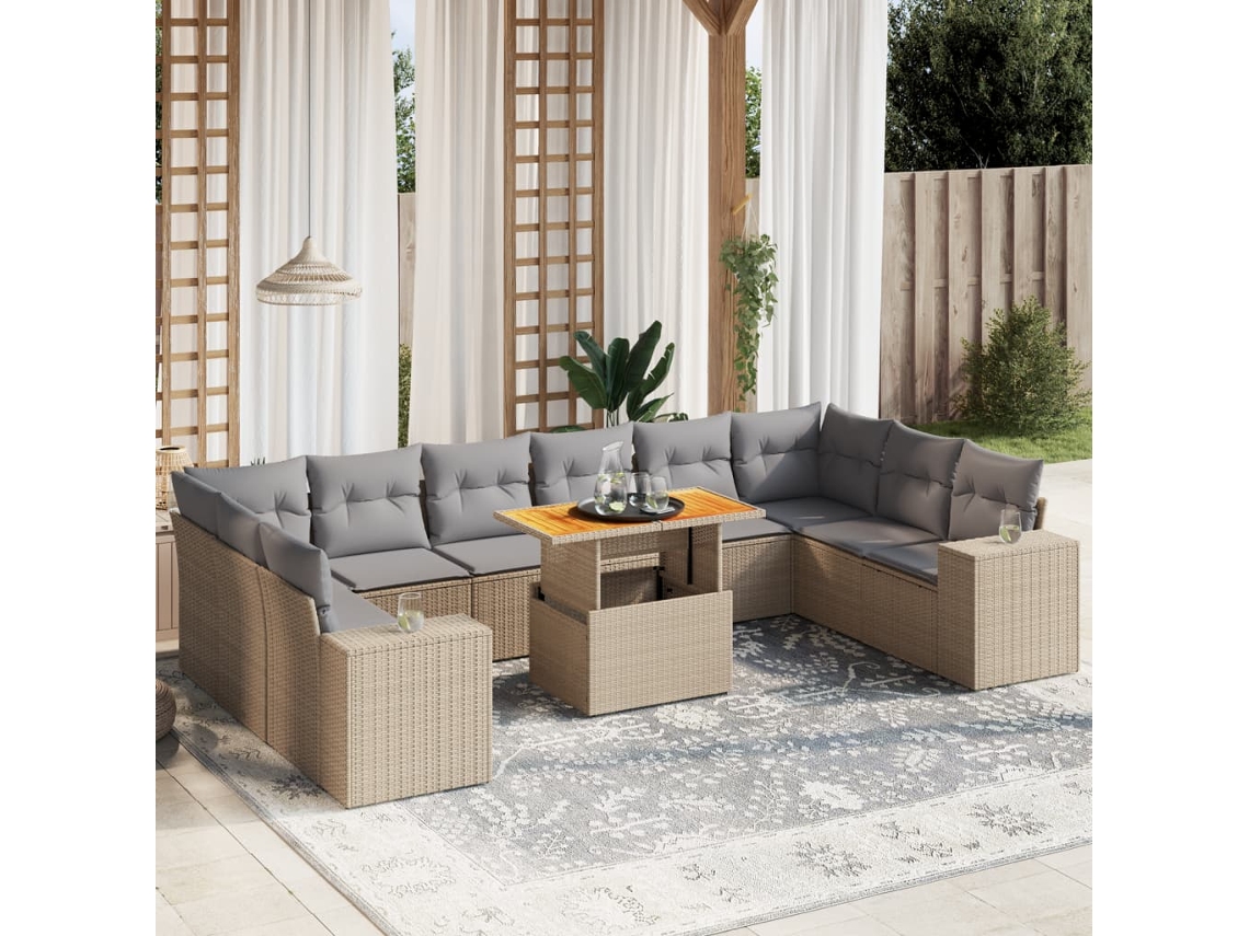 Vidaxl 11 Pcs Conjunto Sofás De Jardim C/ Almofadões Vime Pe Bege