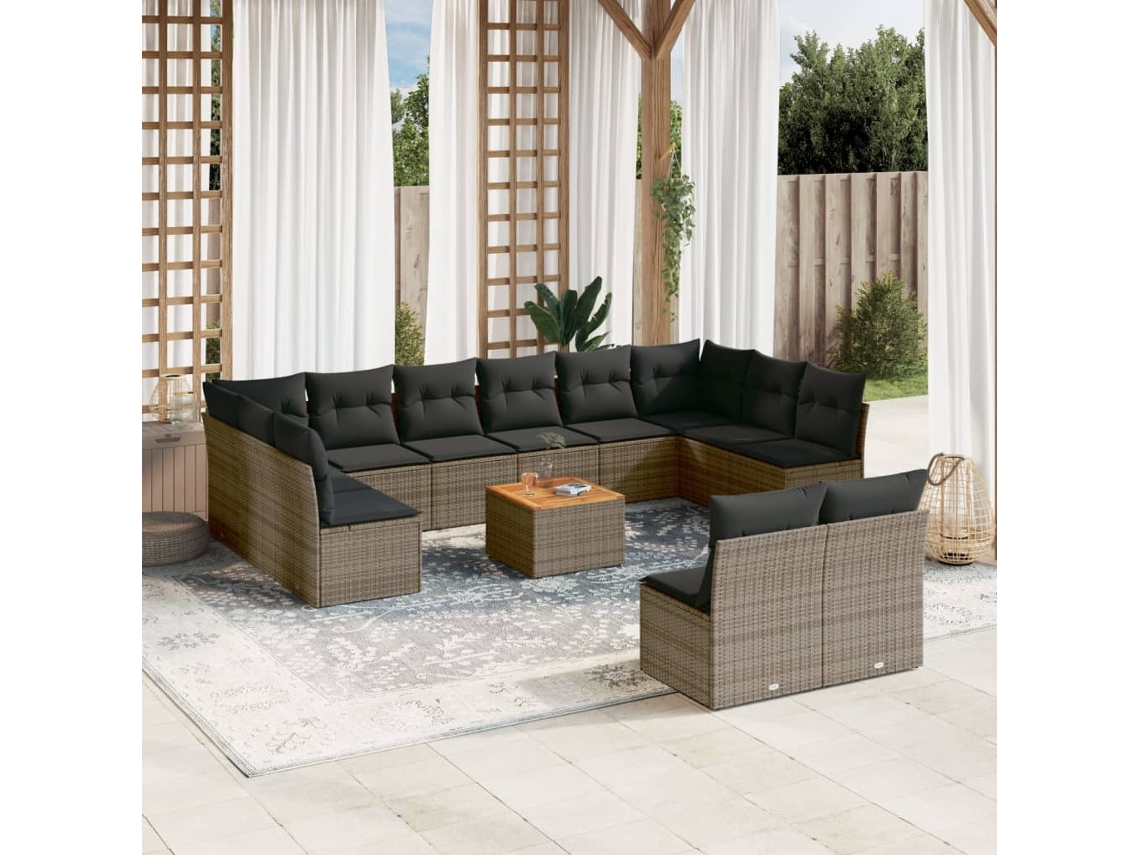Vidaxl 13 Pcs Conjunto Sofás P/ Jardim C/ Almofadões Vime Pe Cinzento