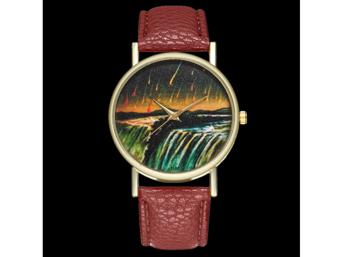 Relógio de quartzo moderno com pulseira de couro PU, mostrador redondo, ilustração de meteoro, unissex, marrom.