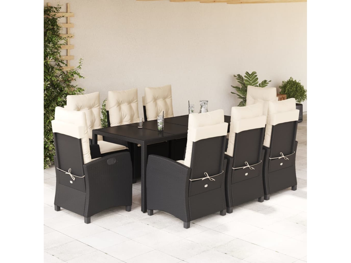 Vidaxl 9 Pcs Conjunto De Jantar P/ Jardim C/ Almofadões Vime Pe Preto