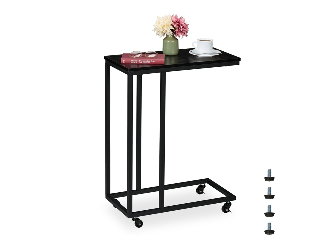 Mesa Lateral Em Formato C Com Rodas, Metal E Mdf