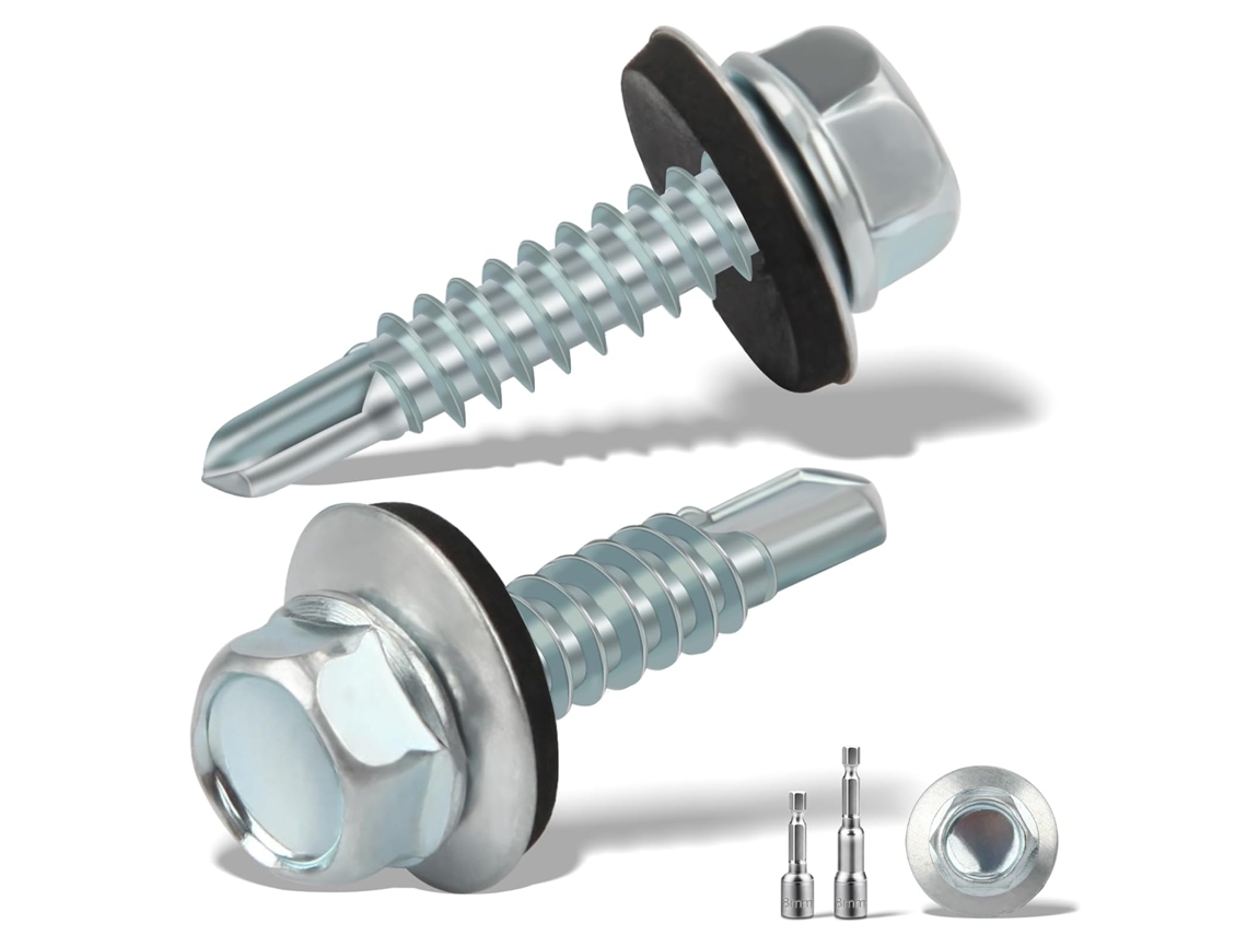 Conjunto de 65 parafusos autoperfurantes para metal, 5,5 x 25 mm, para telhas de aço, com arruela de vedação - 2 encaixes sextavados.