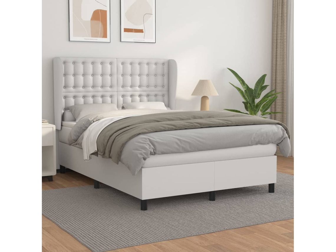Vidaxl Cama Com Molas/colchão 140x200 Cm Couro Artificial Branco