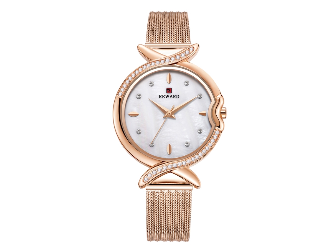 Relógio de Pulso Feminino Reward Pulseira Malha de Aço Quartzo Resistente À Água 3atm Rosa Branco