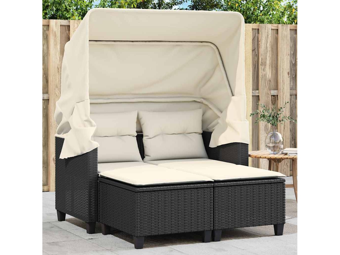 Vidaxl Sofá De Jardim De 2 Lugares Com Toldo E Bancos Vime Pe Preto
