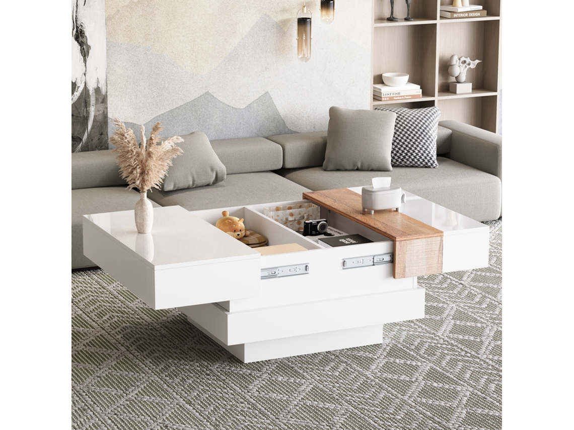 Mesa Lateral Quadrada Brilho Extensível 70x70x39cm Armazenamento Oculto GE