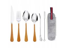 Kit De Utensílios Portáteis De Aço Inoxidável 6 Peças Com Cabo De Madeira Para Acampamento E Escritório Design Colorido