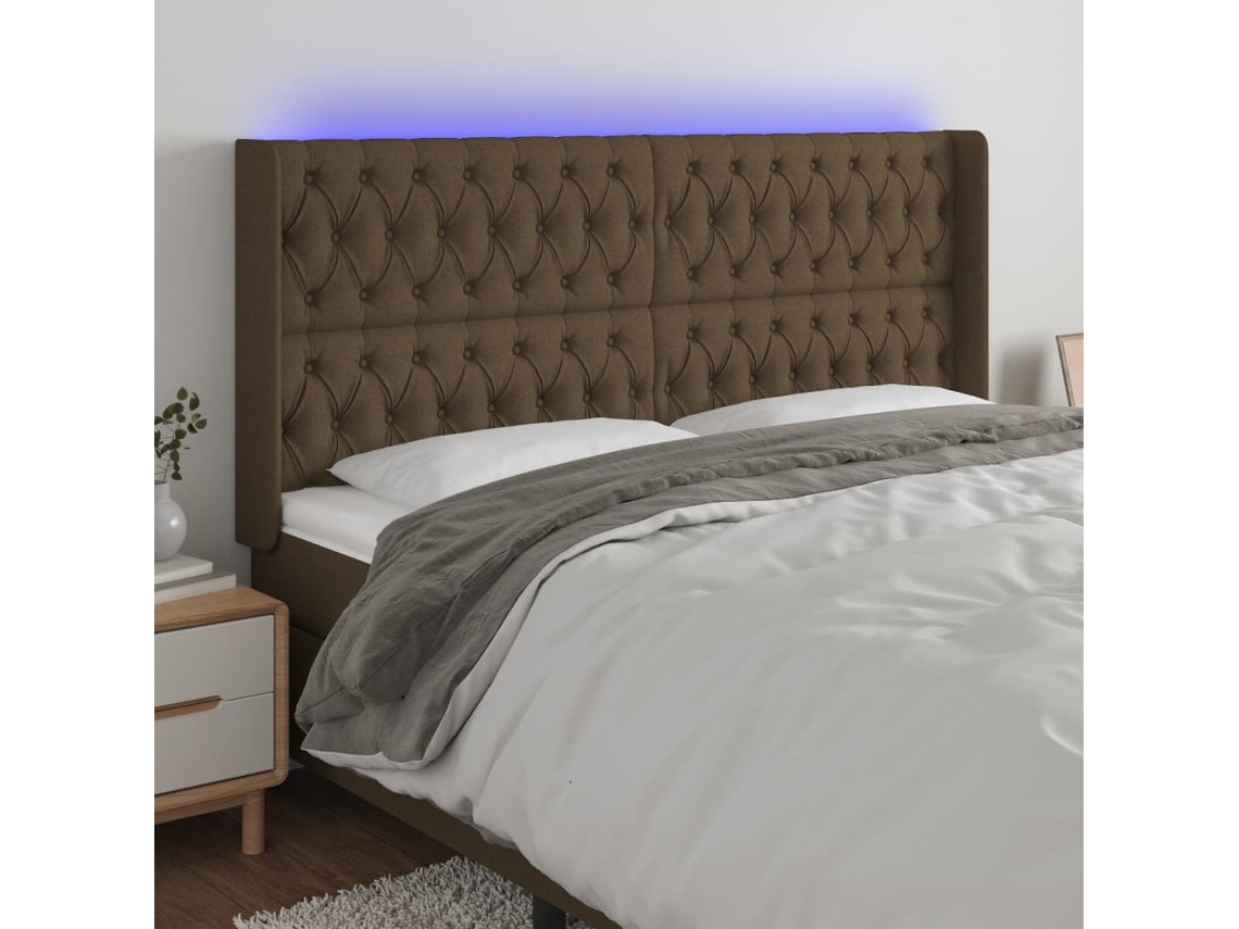 Cabecero con luces LED, tela, 183x16x118/128cm, marrón