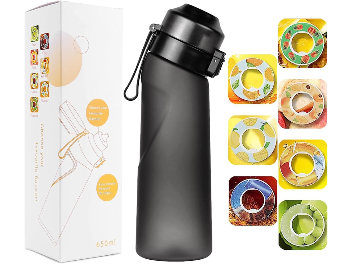 Garrafa de água Masakatt com 7 cápsulas de sabor, preta fosca, 650ml, kit inicial, para camping e esportes. Brilvibera