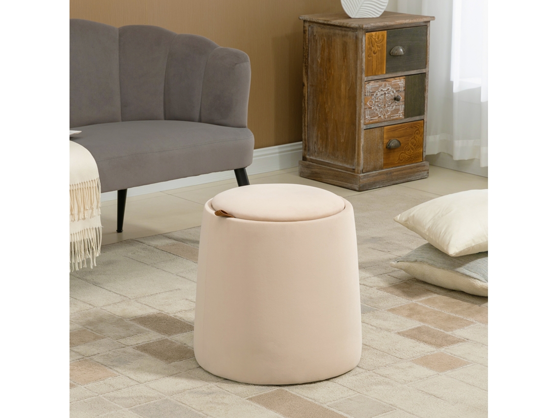 Otomano Redondo Com Armazenamento Em Veludo Bege, Tampa Removível, Ø44cm X 47,5cm Banqueta E Mesa Auxiliar Quenty