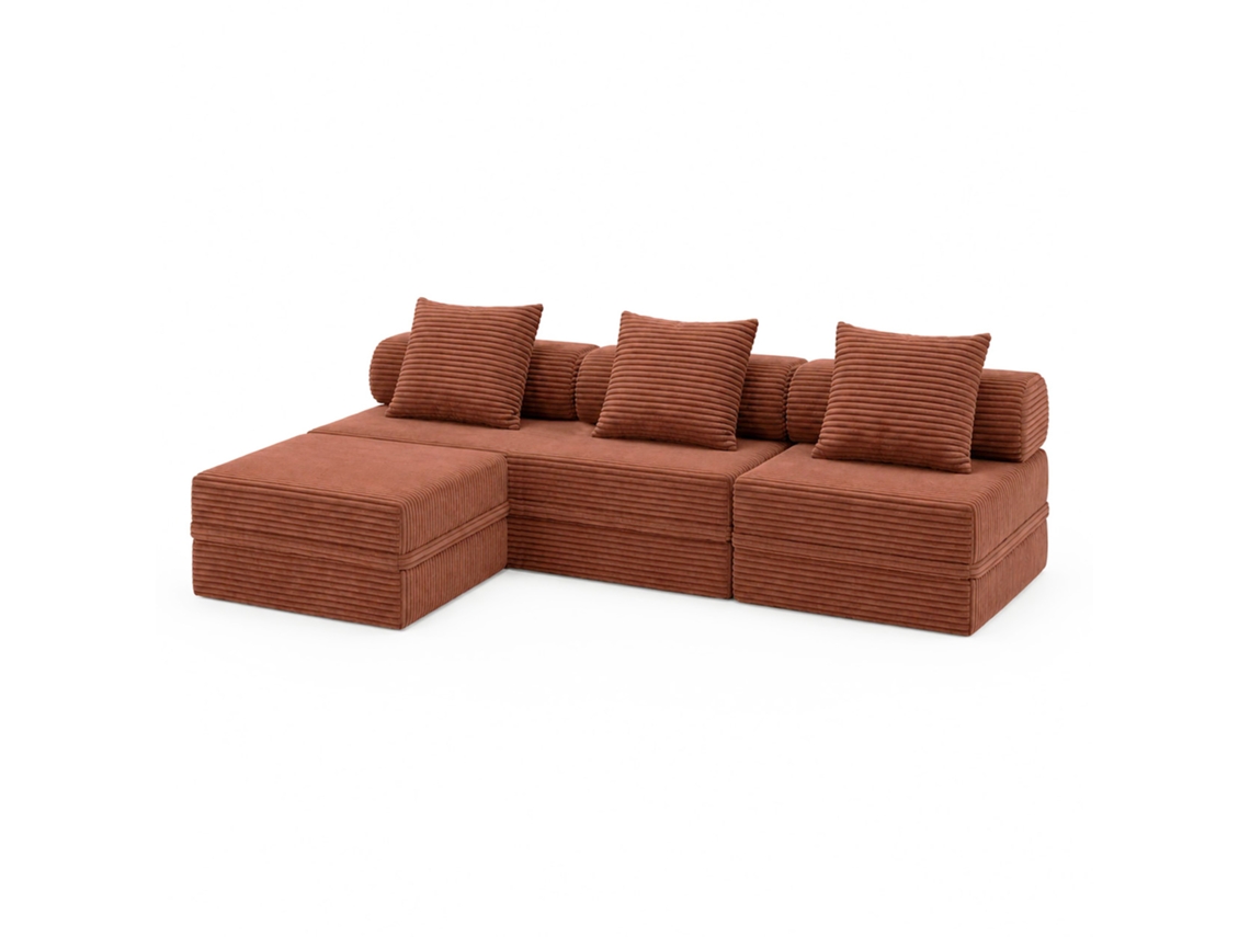 Sofá Modular 3+1+puff Convertível Veludo Listado Terracota SKOFFA