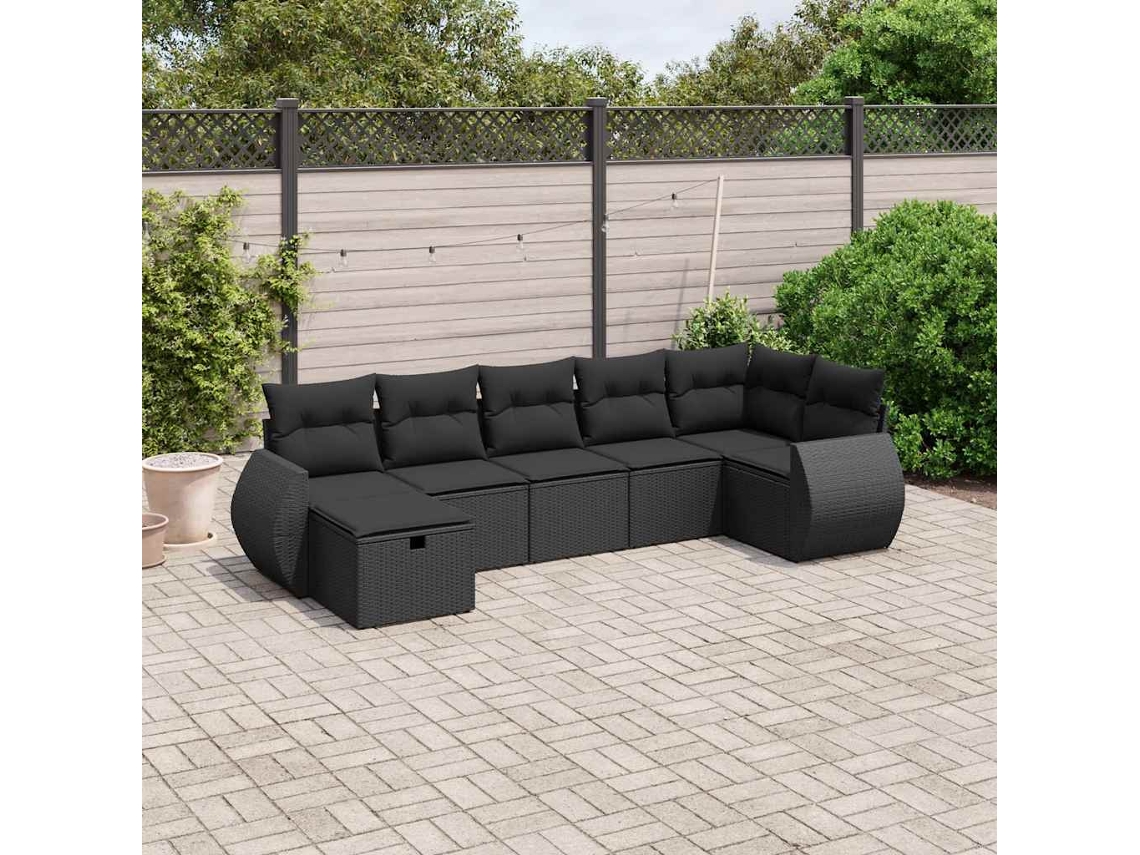 Vidaxl 7 Pcs Conjunto De Sofás P/ Jardim C/ Almofadões Vime Pe Preto