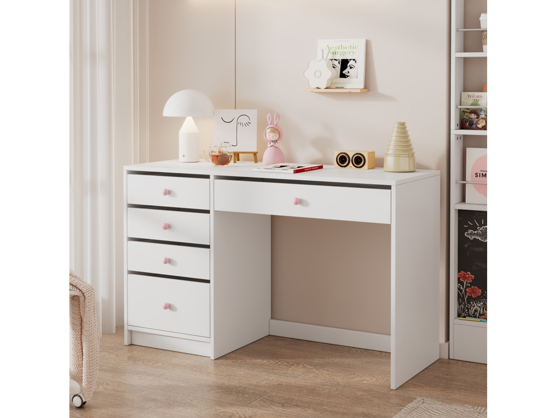 Escrivaninha Infantil 120×45×74 Cm Branca Com 5 Gavetas, Puxadores Rosa, Mesa Atemporal Para Estudo Ou Penteadeira