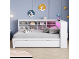 Sofá Em Madeira Maciça 90x200 - Com Cama Dobrável, Tomada Usb E Luz Led, Prateleiras, Grande Espaço De Arrumação - Branco