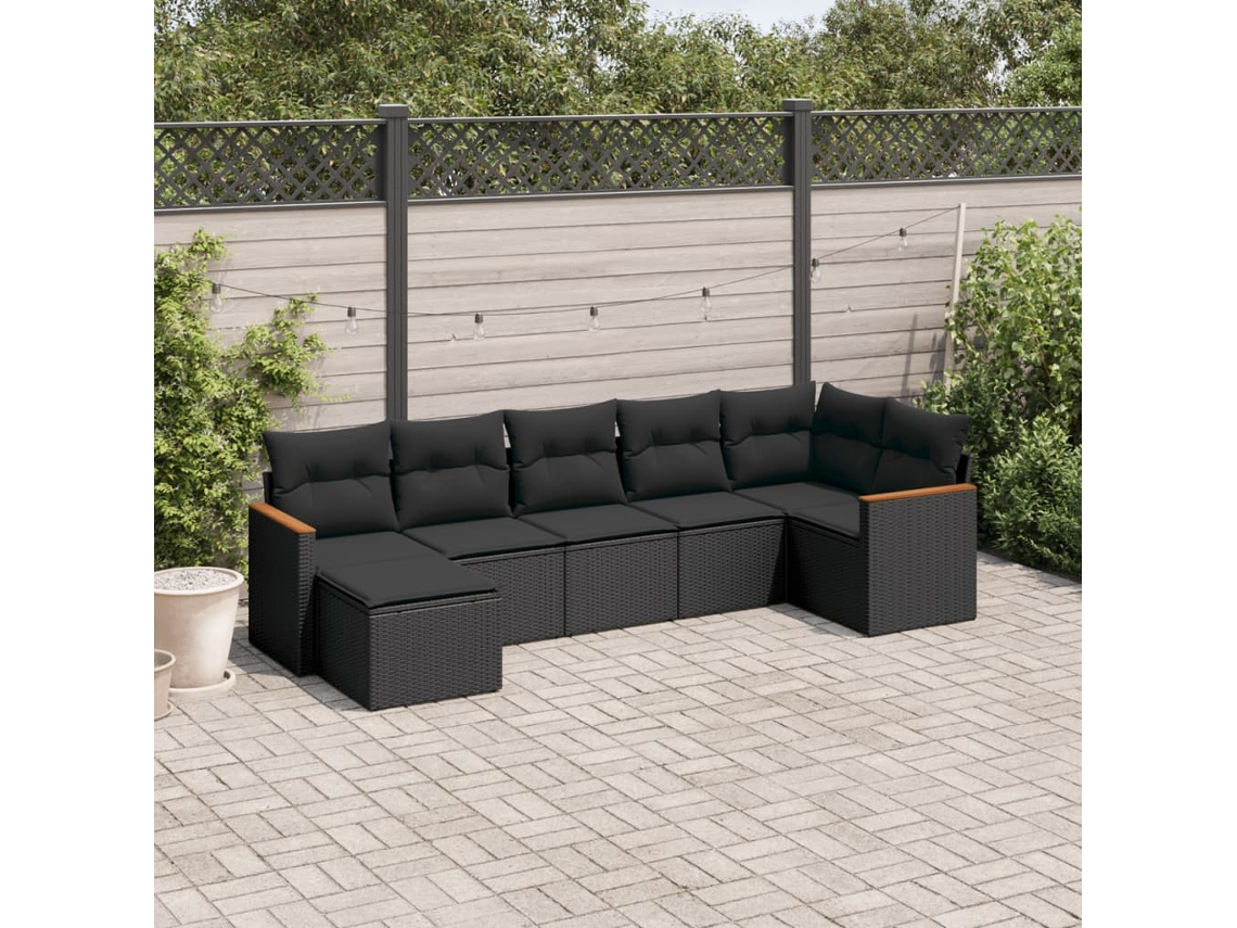 Jogo de Sofá 7 Peças P/ Jardim C/ Almofadões Vime Pe Preto Dkd Home Decor