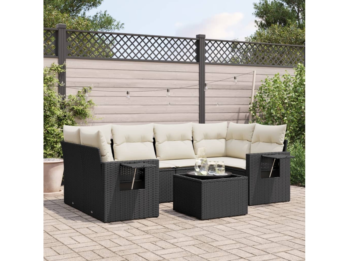 Vidaxl 7 Pcs Conjunto De Sofás P/ Jardim C/ Almofadões Vime Pe Preto