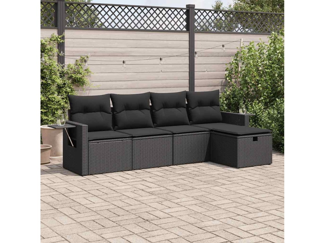 Vidaxl 5 Pcs Conjunto Sofás De Jardim Com Almofadões Vime Pe Preto