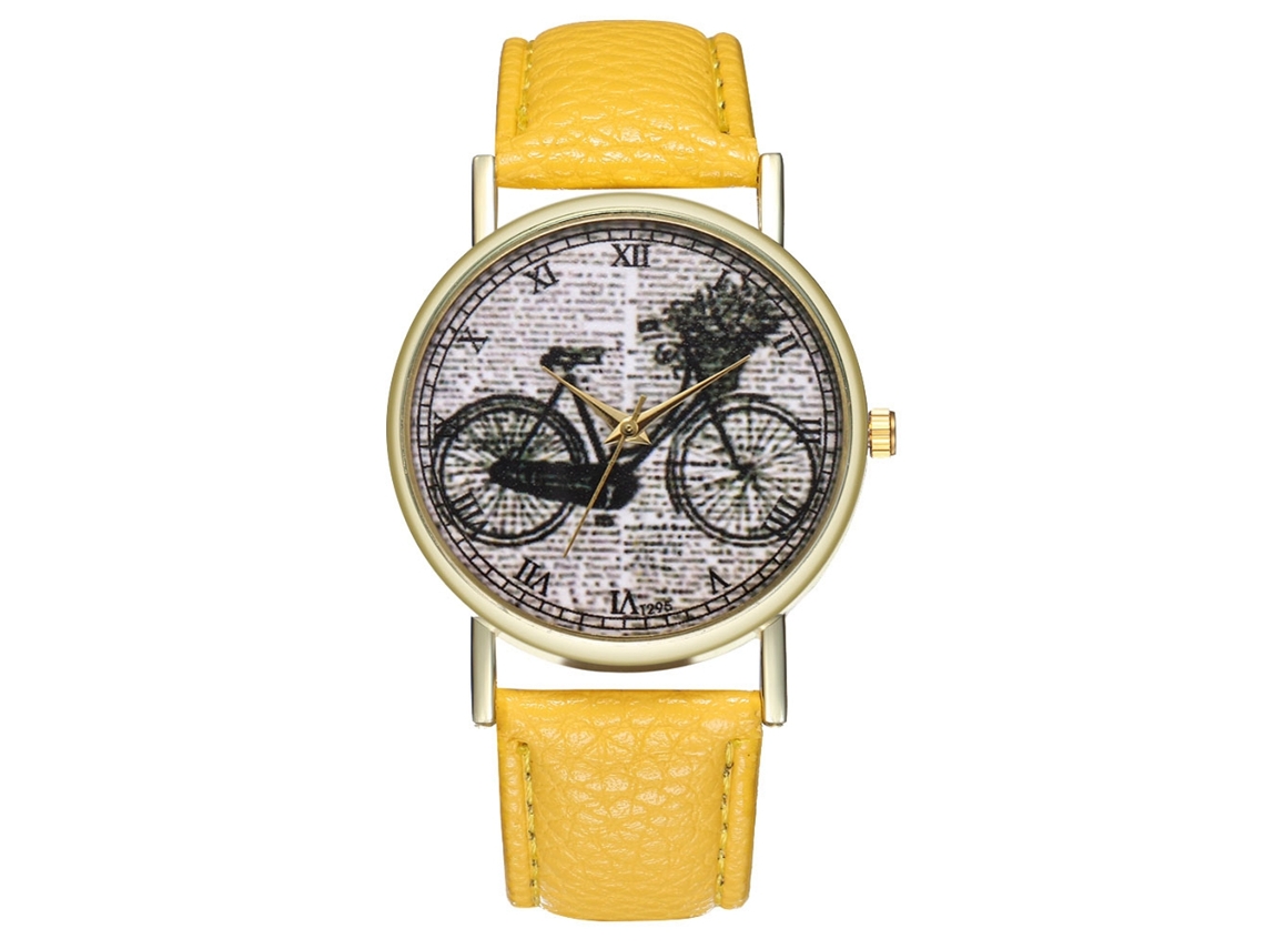 Relógio Casual de Moda Unissex com Pulseira de Couro e Movimento de Quartzo Amarelo