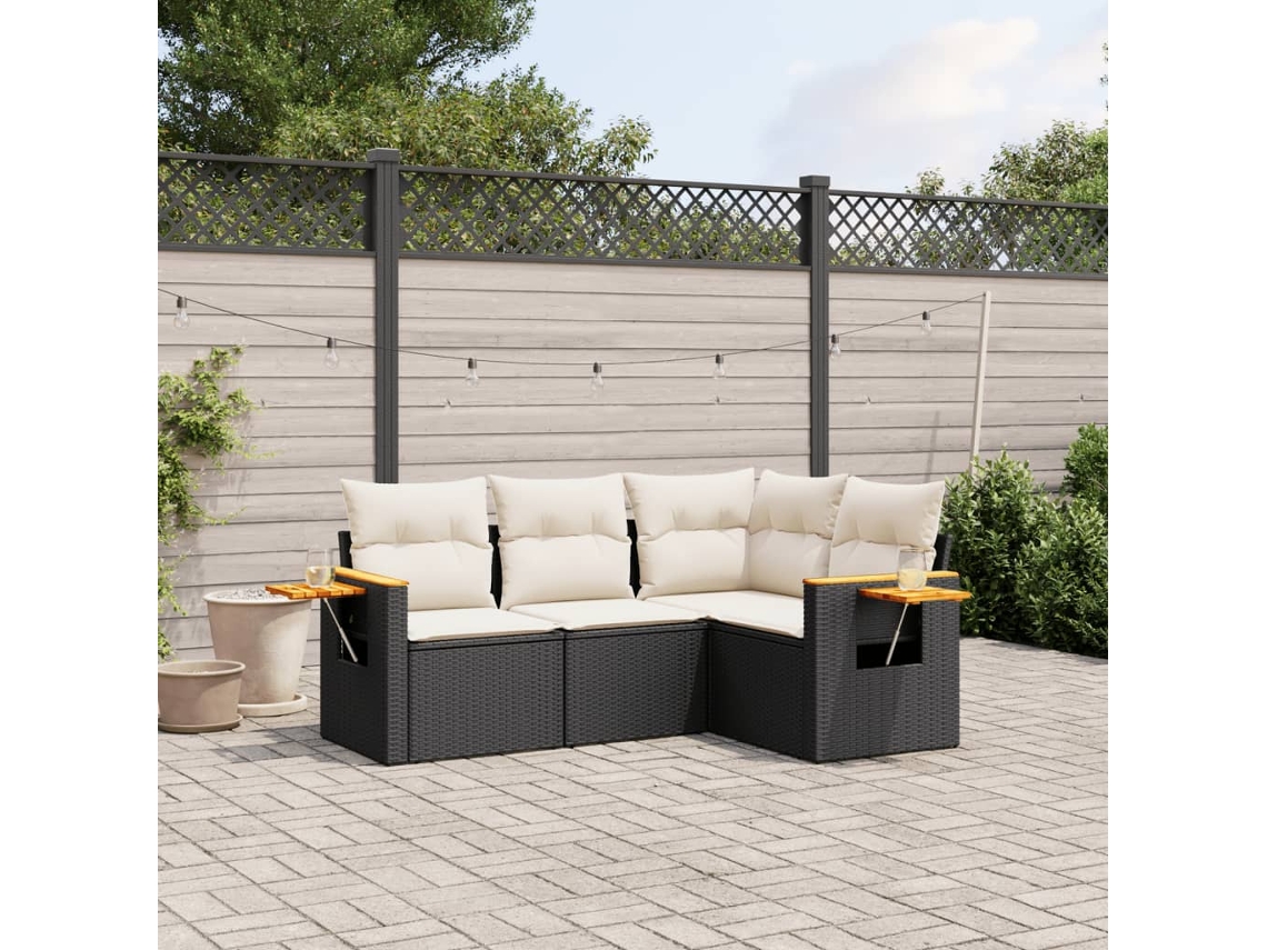 Vidaxl 4 Pcs Conjunto De Sofás Para Jardim C/ Almofadões Vime Pe Preto