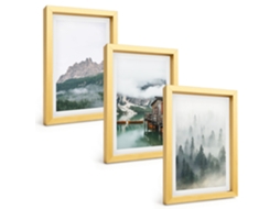 Composição De Quadros Na Paredemontanhas, Lago, Cabana Neblina Moldura Dourada Quadros Para A Sala De Estar Espelharte (3 Peças 20x30 Cm)
