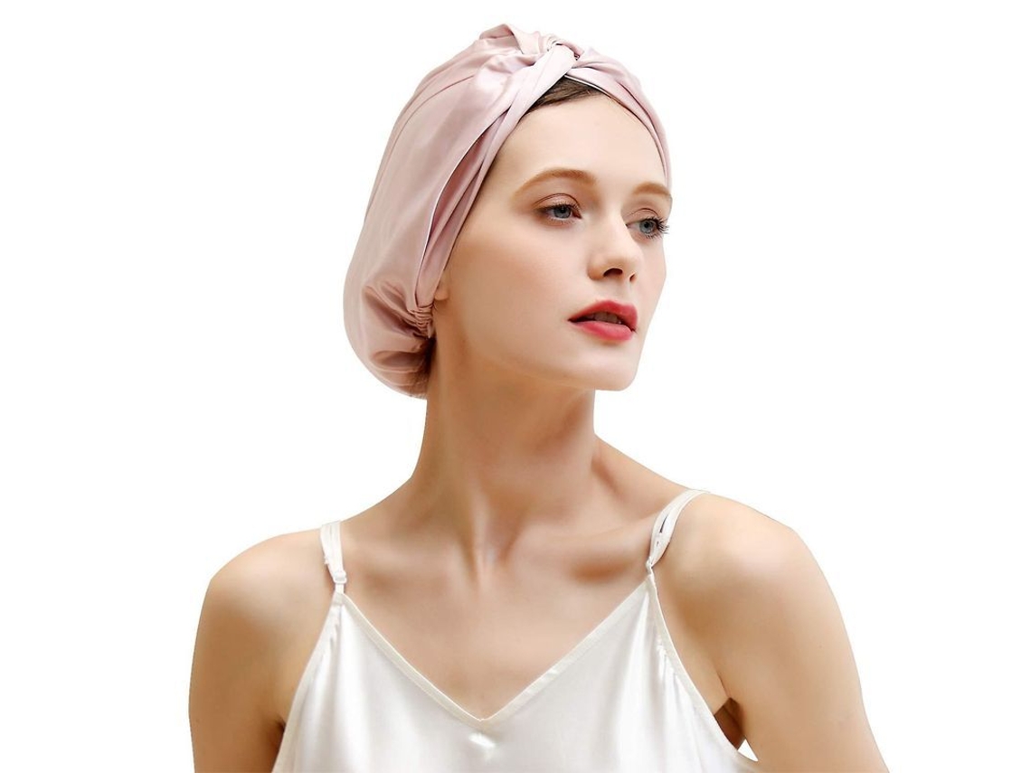 2026 gorro de Seda Natural para Mulheres Cuidado do Cabelo Gorro Noturno com Elástico para Manter na Cabeça Rosa