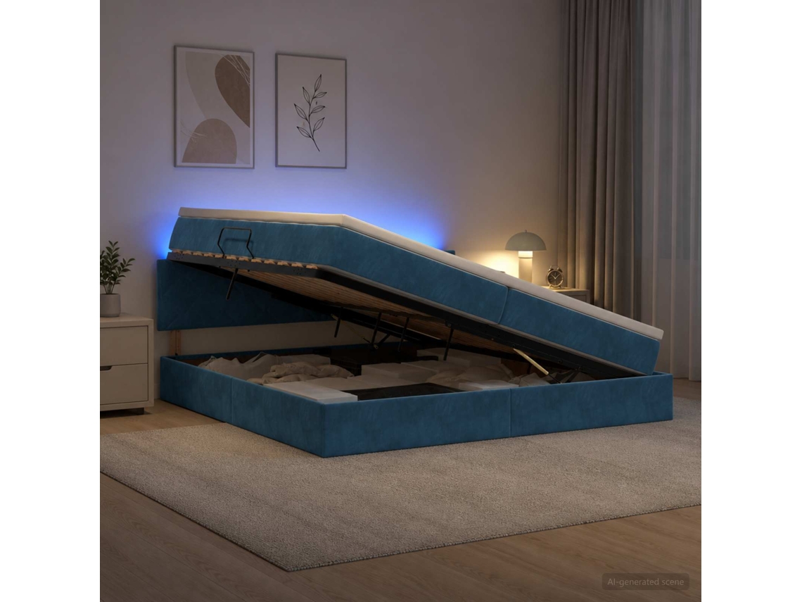 Vidaxl Cama De Armazenamento Led Com Colchão Azul Escuro 200 X 200 Cm