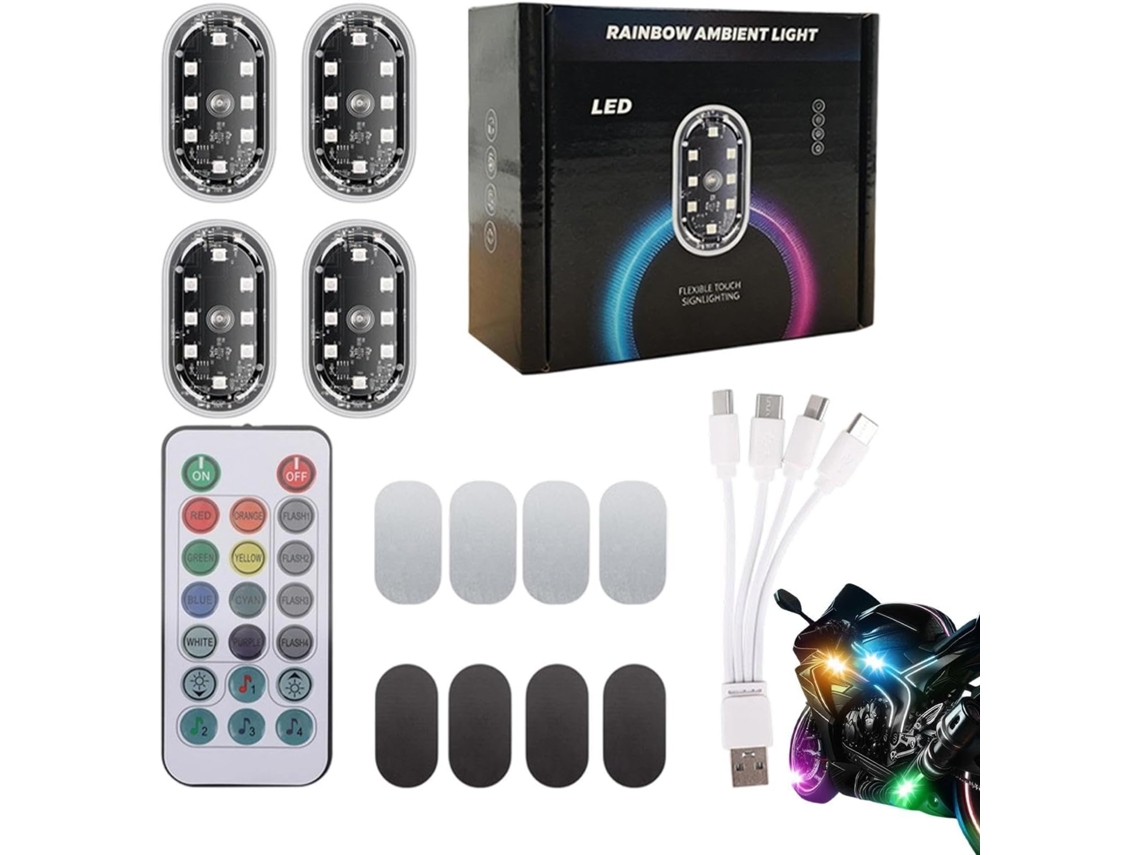 Lâmpadas Led Sem Fio Para Carro, Controle Remoto Alimentado Por Usb, 4 Unidades, 8 Cores
